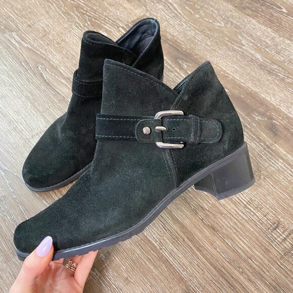 Stuart Weitzman Black Suede Buckle Ankle Bootie - Picture 2 of 9